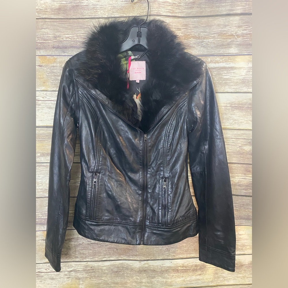 Ted Baker leather jacket size 2 genuine leather 100% lamb shearling fur collar